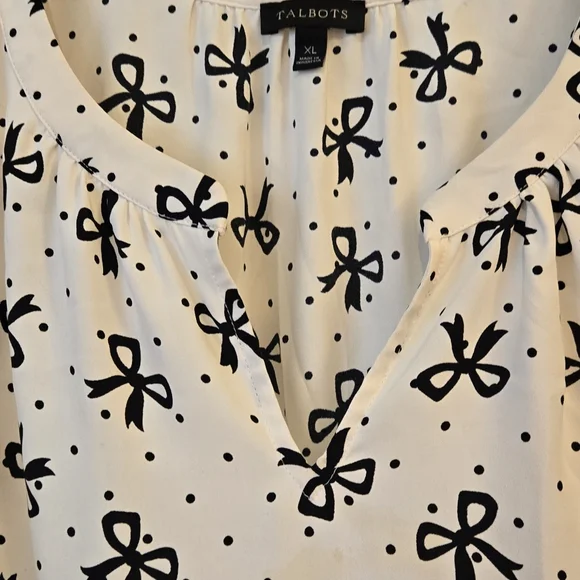 Talbots Smocked-Sleeve Bow Top Women's Size XL Casual Cottage Core Black/Cream - Picture 4 of 14